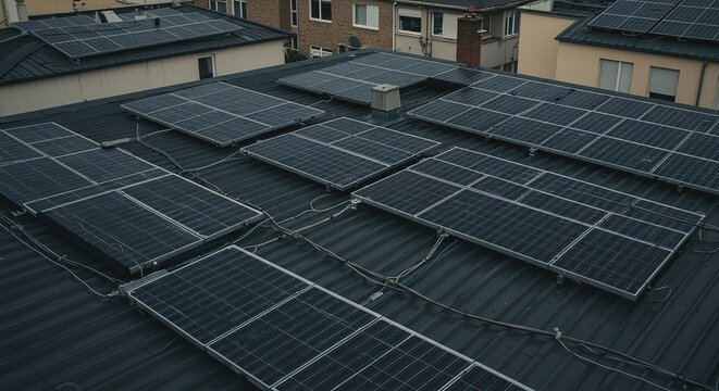 Solar panels are installed on the flat rooftop of a large urban building to generate on-site electricity. Concept of commercial rooftop solar infrastructure.