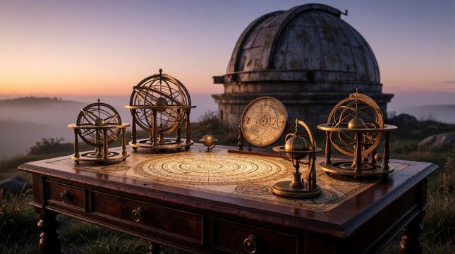 Vintage astronomy desk with brass orreries, celestial charts outdoors. Antique science instruments sit on wooden table near old observatory dome at dusk. Golden sunset light glows over mechanical