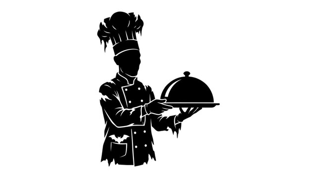 Chef Serving Dish: A silhouette of a chef in uniform, wearing a tall hat and holding a covered dish, ready to serve a gourmet meal. Symbolizing culinary expertise and fine dining.
