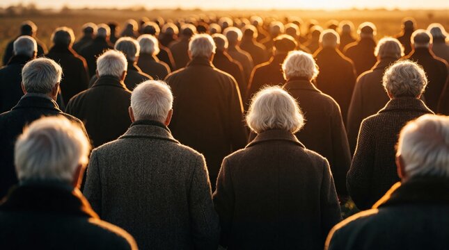 Many elderly people walk away towards sunset. Group of senior citizens in dark coats move along path during golden hour. Back view of older adults walking into bright sun light. Large crowd of