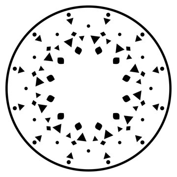 Ornamental mandala showcasing dark black triangular and dot motifs arranged in harmonious radial symmetry upon a flat white background, creating an engaging visual rhythm.