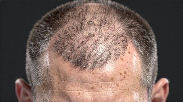 Close-up view of a man showing progressive hair loss pattern on the crown, receded hairline, and multiple aging spots on the forehead skin, ideal for medical dermatology context