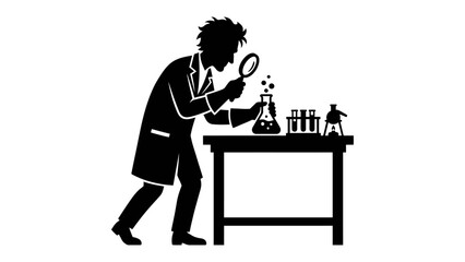 Fototapeta premium Mad Scientist's Experiment: A silhouette of a mad scientist in a lab coat peering through a magnifying glass at bubbling beakers and test tubes, engaged in a mysterious experiment.