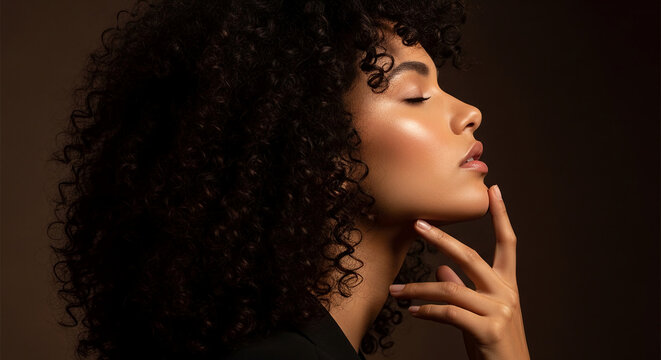 Profile of a woman with curly dark hair and luminous skin, touching her chin, symbolizing beauty, elegance, and allure