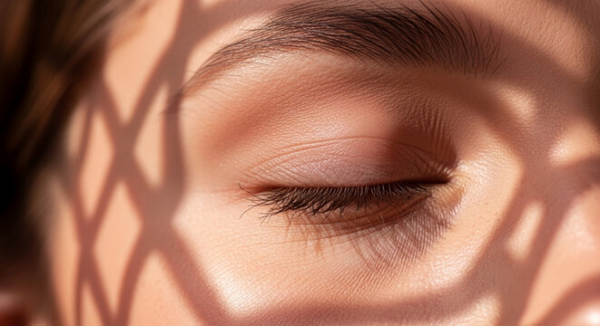 Close-up of closed eyelid with lashes and skin texture, dappled light, suggesting tranquility, contemplation, and natural beauty.