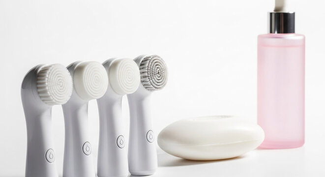 A collection of white facial cleansing brushes with interchangeable heads, a soap bar, and a pink cosmetic bottle, showcasing skincare tools for hygiene and beauty.