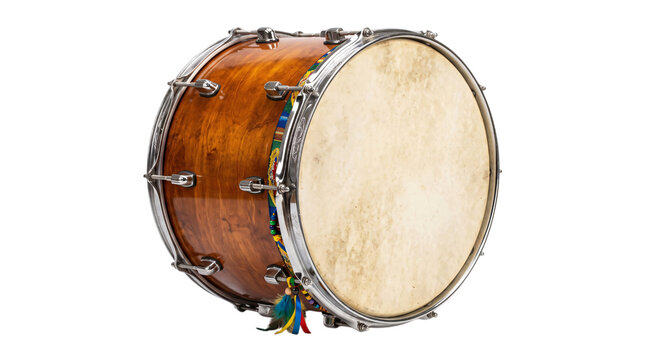 Traditional bass drum with natural skin head and isolated on transparent background