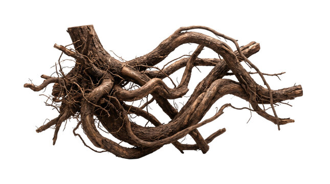 Tangled brown tree roots on black background, isolated on transparent background