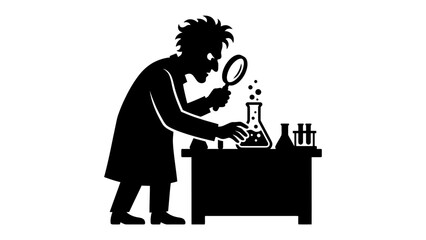Fototapeta premium Mad scientist's Experiment: A silhouette of a mad scientist intently examining a bubbling flask with a magnifying glass, surrounded by test tubes and beakers on a laboratory table.