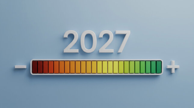 Future year twenty twenty seven typography design featuring a vibrant colorful loading bar with gradient segments symbolizing progression towards upcoming technological advancements and modern digital
