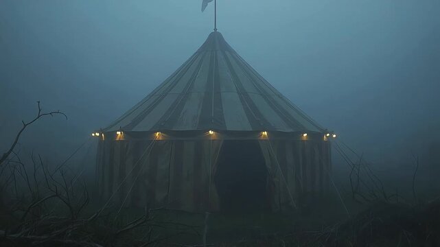 Mysterious circus tent illuminated with glowing fairy lights standing quietly within dense heavy fog atmospheric background motion footage