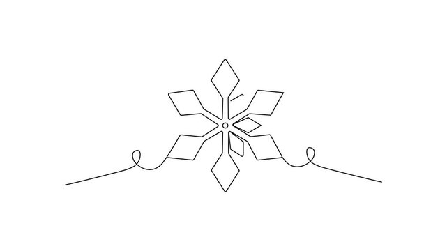 Continuous line art geometric snowflake animation on solid white background, minimalist winter ice crystal motion graphic
