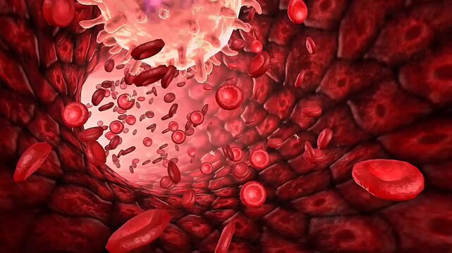 3D visualization of blood flowing through arteries, veins, and capillaries in the human vascular system.