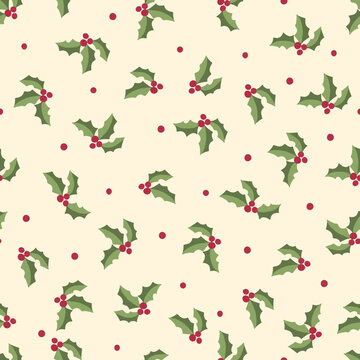 Christmas seamless pattern with holly leaves and red berries