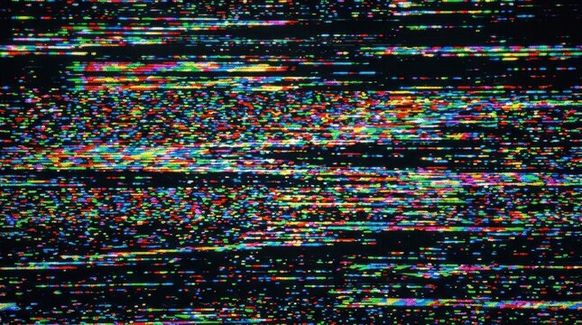 Colorful digital glitch noise and TV static pattern on a dark screen, creating abstract background with vibrant pixelated horizontal lines and scattered dots, representing data distortion or signal in