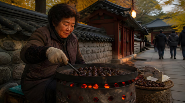 Older Korean woman stirring chestnuts over open flame traditional tiled buildings stone walls warm fire cooking pot realistic eye level shot