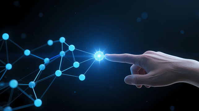 Finger touching glowing blue node in digital network