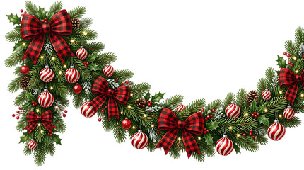 Fototapeta premium Christmas garland with red and white ornaments, plaid bows on transparent background PNG