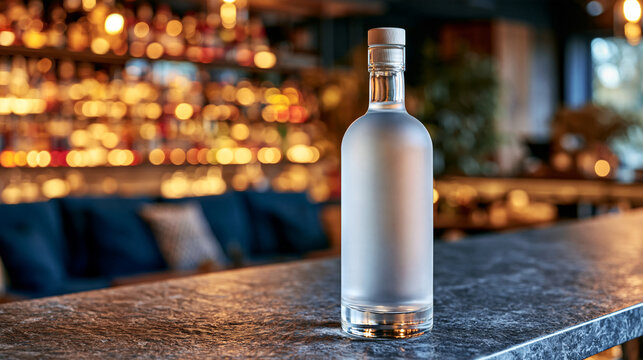 Blank frosted glass bottle mockup positioned on a dark bar counter, completely unbranded packaging with a clean empty label surface, elegant lounge interior softly blurred behind it, subtle warm hig
