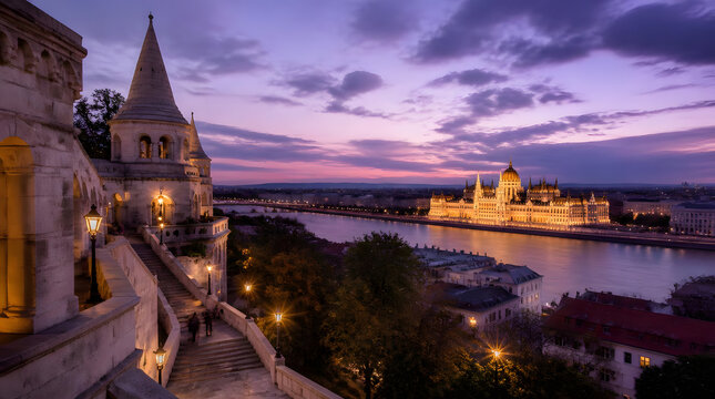 Budapest Parliament illuminated at dusk serene river foreground purple sky clouds