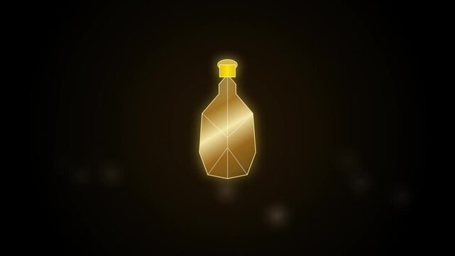Glowing golden perfume bottle neon icon animation, yellow magic potion flask wireframe art, luminous alchemy glass container motion graphic