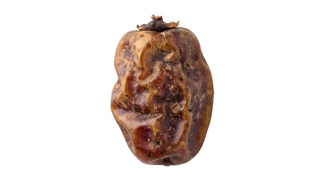 Single dried wild date fruit isolated on white background, macro shot of a wrinkled brown organic date palm fruit for healthy food photography