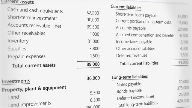 Balance sheet 4k scrolling animation. Current assets and liabilities, cashflow, investments, payable amounts, inventory, and taxes. 4k scrolling animation