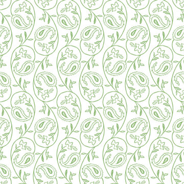 Soft green traditional paisley and floral seamless pattern