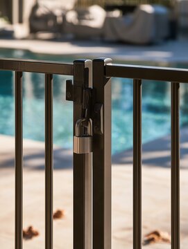 Vertical close-up of a locked gate on a swimming pool safety fence. Metal padlock securing outdoor backyard pool area for safety