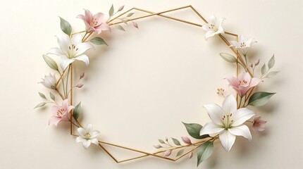 Obraz premium Elegant golden geometric frame with white, pink lily flowers. Delicate floral border on cream background. Luxury botanical design for wedding invitation, greeting card premium event poster.