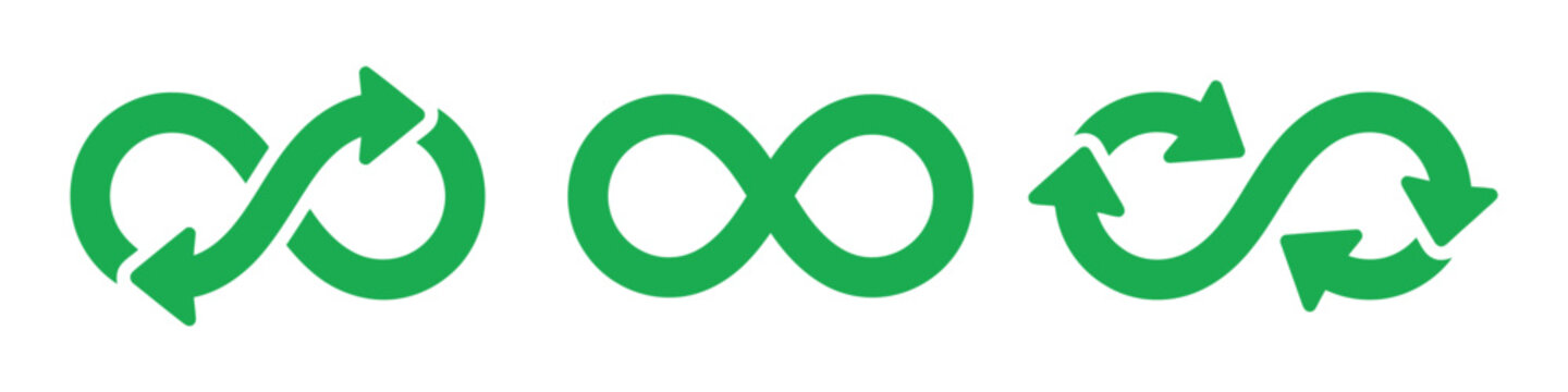 Eco friendly infinity arrow icons set. Green continuous loop symbols for recycling, sustainability, reuse, circular economy, and environmental protection.