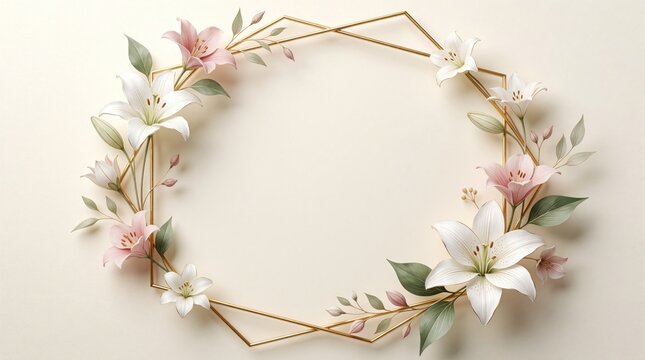 Elegant golden geometric frame with white, pink lily flowers. Delicate floral border on cream background. Luxury botanical design for wedding invitation, greeting card premium event poster.