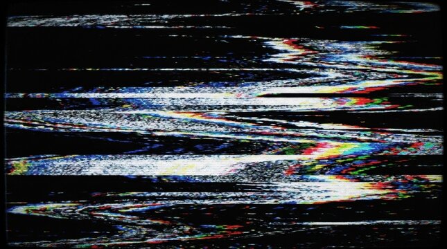 Abstract digital glitch background with horizontal distortion bands, RGB color separation, and grainy texture. This retro VHS noise effect creates a broken signal aesthetic on dark black.