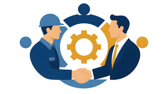 Blue collar worker shaking hands formal attire industrial setting gear helmet collaboration agreement
