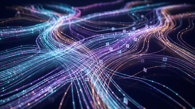 Abstract digital data flow with glowing colorful lines and fiber optic network cables