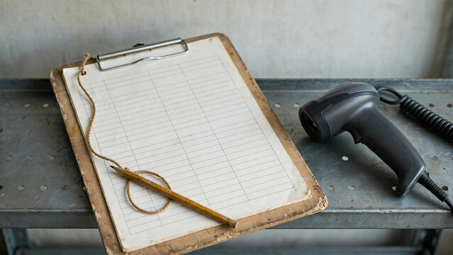 Close-up of worn clipboard with blank form, pencil, and barcode scanner on shelf