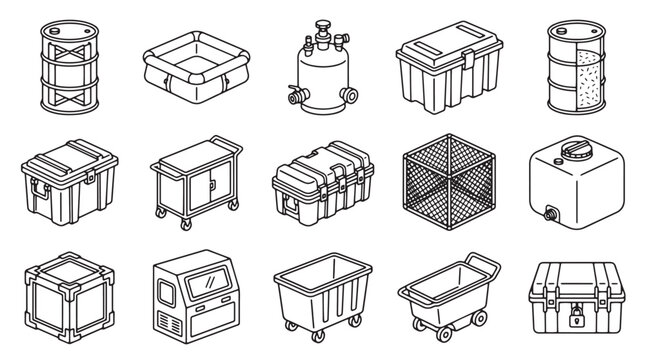 Industrial storage containers and logistics equipment icons, 15 isometric line art vector elements, warehouse shipping crates and oil barrels