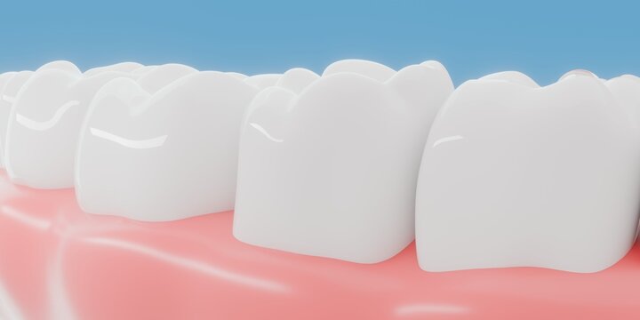 Close-up of glossy white molars on pink gums against blue background, wide 3D render of healthy teeth for dental clinic banner