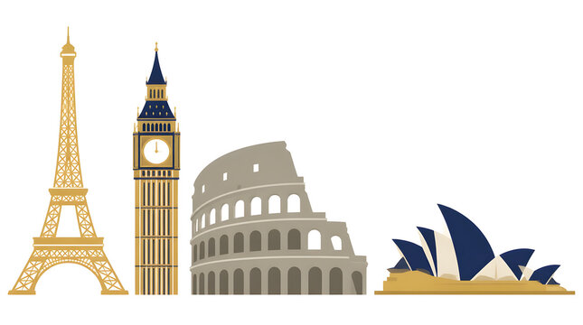 Famous Landmarks Flat Vector Illustration Eiffel Tower Big Ben Colosseum Sydney Opera House Architecture Travel Tourism Cityscape
