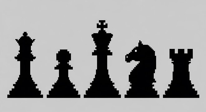 Pixel art black chess pieces silhouettes lined up on gray background