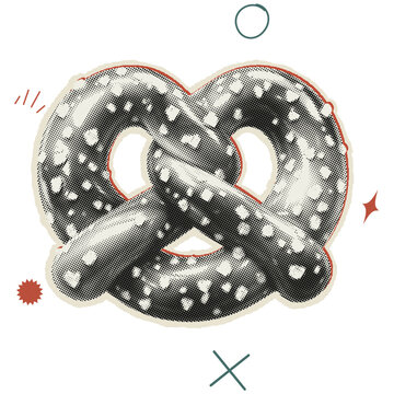 Halftone pretzel with salt crystals and geometric accents, isolated on a transparent background
