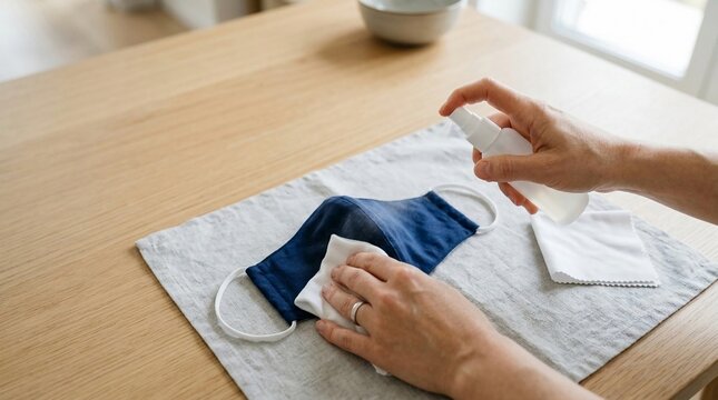 Person's hands carefully sanitizing a reusable blue fabric mask with spray and wipe for health protection