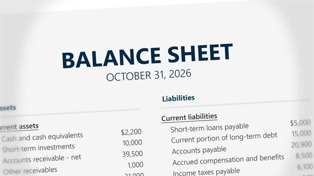 Close up of balance sheet. Current assets and liabilities, cashflow, investments, payable amounts, inventory, and taxes. 4k scrolling animation