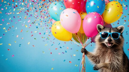 Fototapeta premium Funny raccoon wearing blue sunglasses holds big colorful balloons. Multicolored confetti falls in air against blue background. Cute animal celebrates birthday party with joy. Happy wildlife character