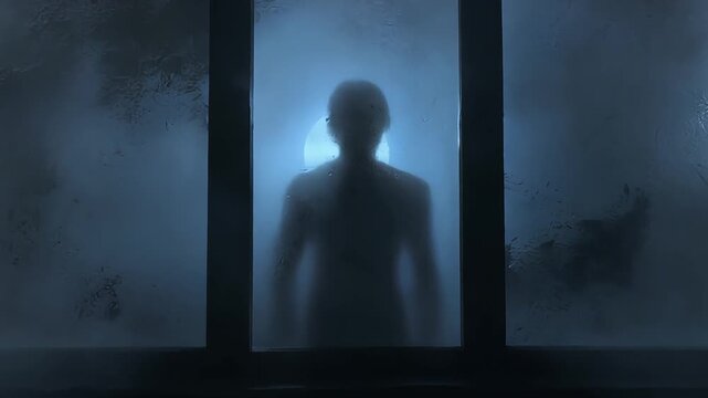 Spooky silhouette of mysterious creature standing behind frosted glass window during eerie full moon night video footage