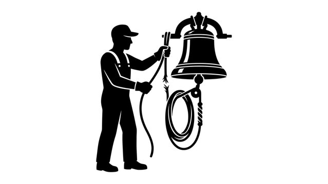 Bell Ringer Silhouette: A solitary figure in silhouette, a bell ringer stands poised to strike a large, ornate bell, a moment of anticipation before the resounding peal.