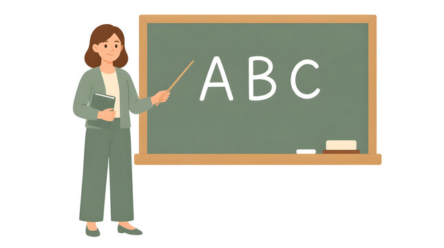 Female teacher using pointer to explain AB Cs on chalkboard classroom scene