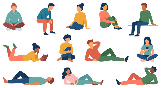 Diverse people sitting and lying down in relaxed postures while reading and resting | Flat vector graphic illustration set