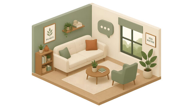 Minimalist living room pastel green walls wooden flooring white sofa orange cushions framed artwork leaves isometric vector therapy couch indoor