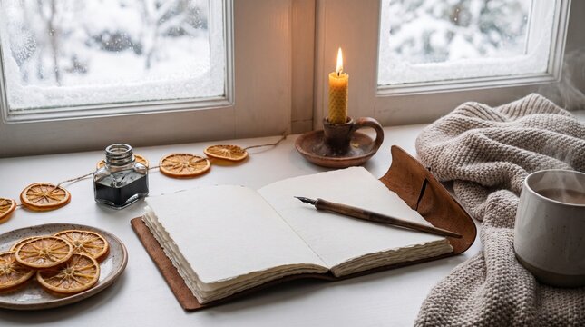 Windowsill with burning candle, dried orange slices and open notebook with pen, cozy winter holiday mood